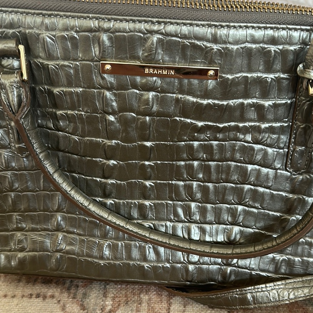 Brahmin metallic silver/green hue Shoulder Bag with Textured Elegance